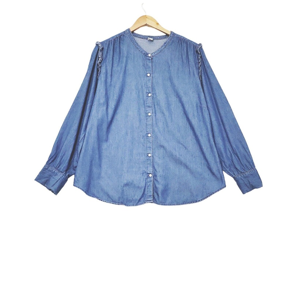 Old Navy Womens Shirt XXL 2XL Long‎ Sleeve Button Front Chambray Ruffle Top